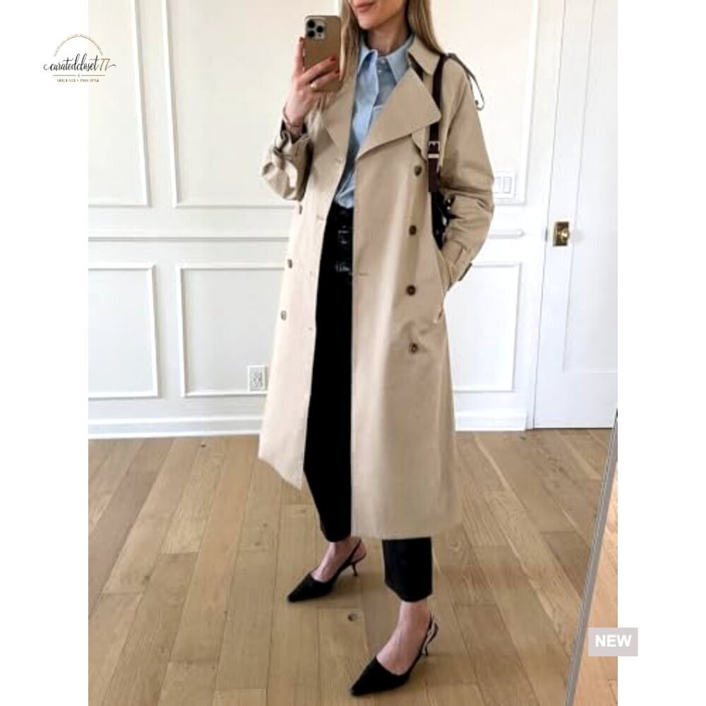Long Trench Coat Double Breasted Classic Lapel Overcoat with Belt - Picture 2 of 7